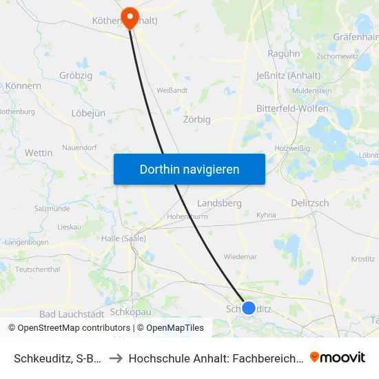 Schkeuditz, S-Bahnhof (Bus) to Hochschule Anhalt: Fachbereich Informatik & Sprachen map
