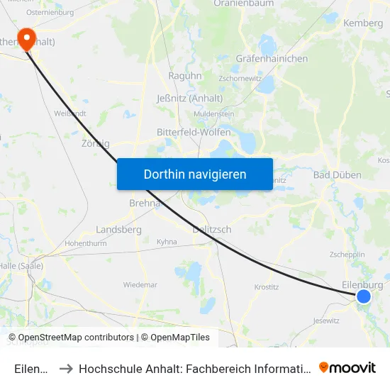 Eilenburg to Hochschule Anhalt: Fachbereich Informatik & Sprachen map