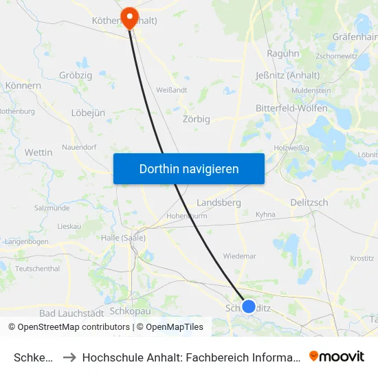 Schkeuditz to Hochschule Anhalt: Fachbereich Informatik & Sprachen map