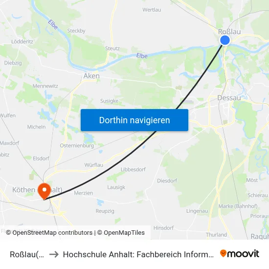 Roßlau (Elbe) to Hochschule Anhalt: Fachbereich Informatik & Sprachen map