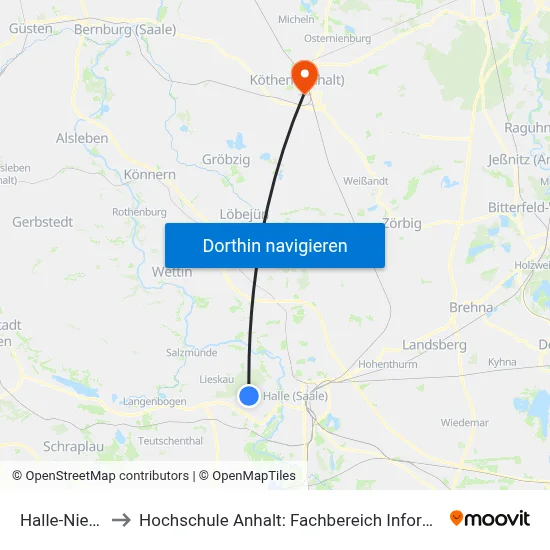 Halle-Nietleben to Hochschule Anhalt: Fachbereich Informatik & Sprachen map