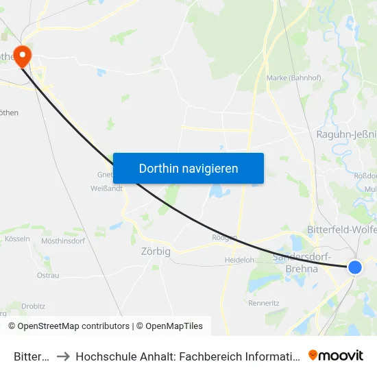 Bitterfeld to Hochschule Anhalt: Fachbereich Informatik & Sprachen map