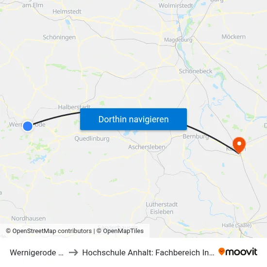 Wernigerode Hbf (Hsb) to Hochschule Anhalt: Fachbereich Informatik & Sprachen map