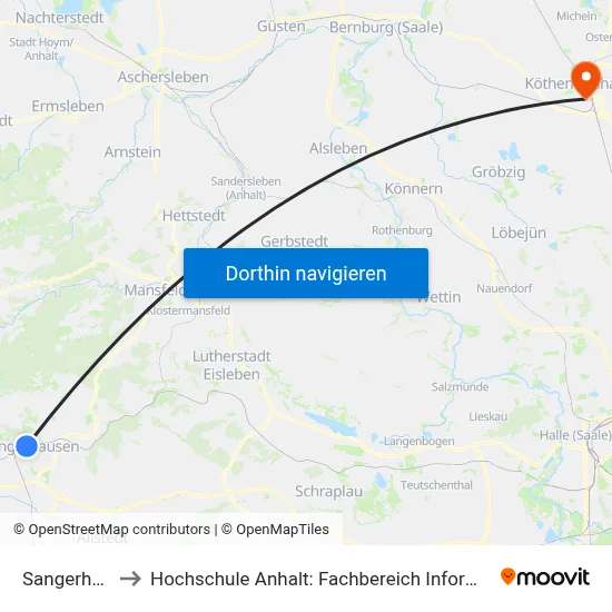Sangerhausen to Hochschule Anhalt: Fachbereich Informatik & Sprachen map