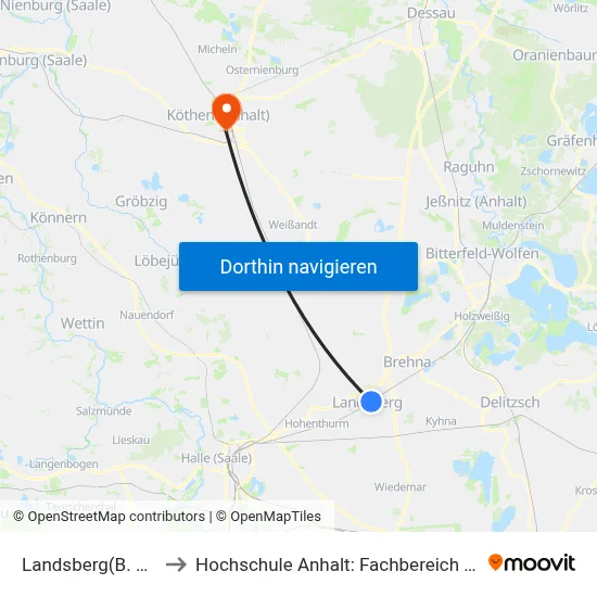 Landsberg (B. Halle/Saale) to Hochschule Anhalt: Fachbereich Informatik & Sprachen map