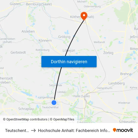 Teutschenthal Ost to Hochschule Anhalt: Fachbereich Informatik & Sprachen map