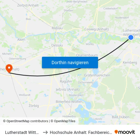 Lutherstadt Wittenberg Altstadt to Hochschule Anhalt: Fachbereich Informatik & Sprachen map