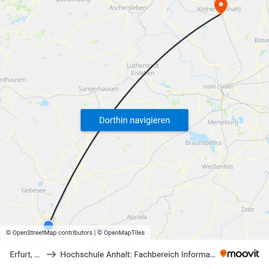 Erfurt, Rieth to Hochschule Anhalt: Fachbereich Informatik & Sprachen map
