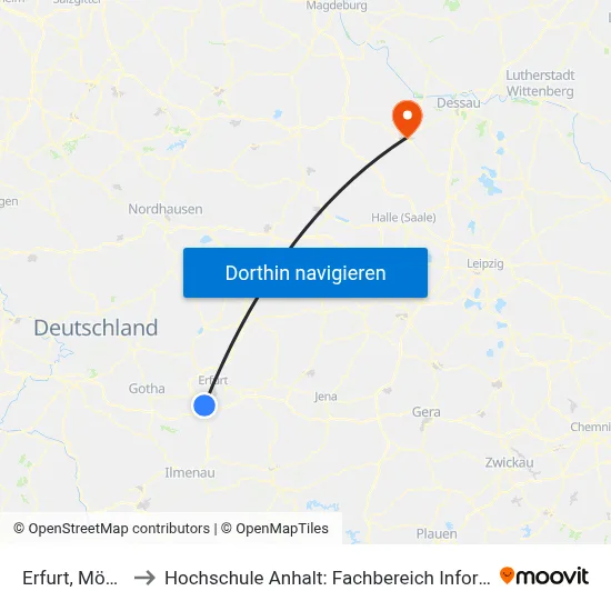 Erfurt, Möbisburg to Hochschule Anhalt: Fachbereich Informatik & Sprachen map