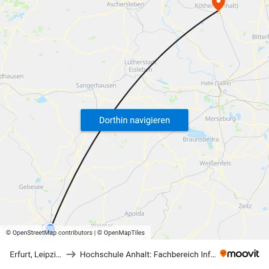 Erfurt, Leipziger Platz to Hochschule Anhalt: Fachbereich Informatik & Sprachen map