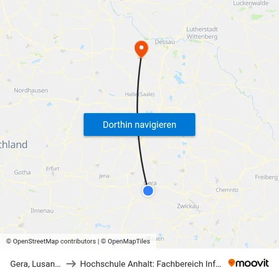 Gera, Lusan / Laune to Hochschule Anhalt: Fachbereich Informatik & Sprachen map