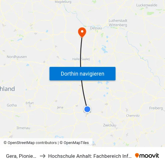 Gera, Pionierkaserne to Hochschule Anhalt: Fachbereich Informatik & Sprachen map