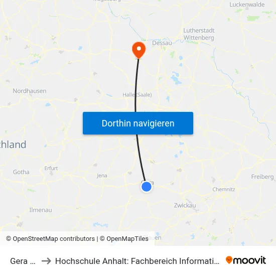 Gera Süd to Hochschule Anhalt: Fachbereich Informatik & Sprachen map