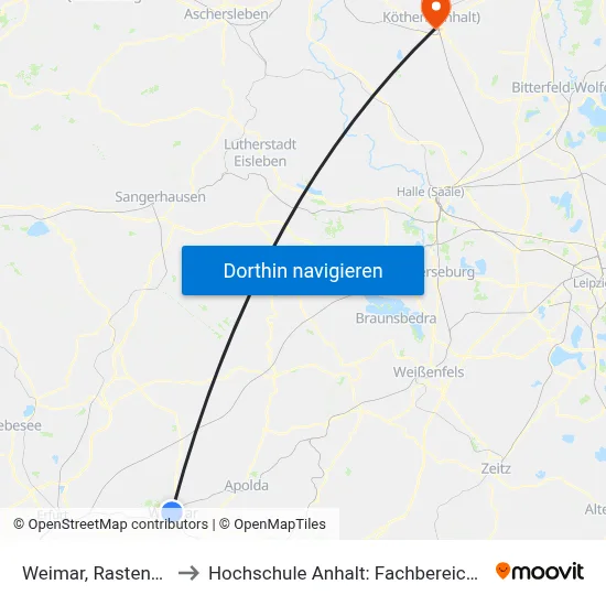 Weimar, Rastenberger Tunnel to Hochschule Anhalt: Fachbereich Informatik & Sprachen map