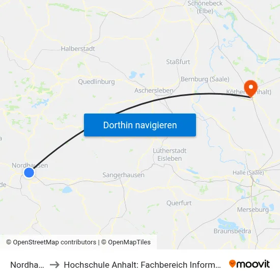 Nordhausen to Hochschule Anhalt: Fachbereich Informatik & Sprachen map