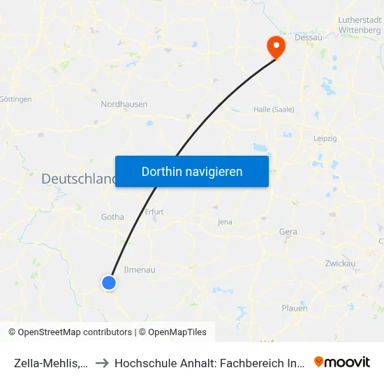Zella-Mehlis, Bahnhof to Hochschule Anhalt: Fachbereich Informatik & Sprachen map