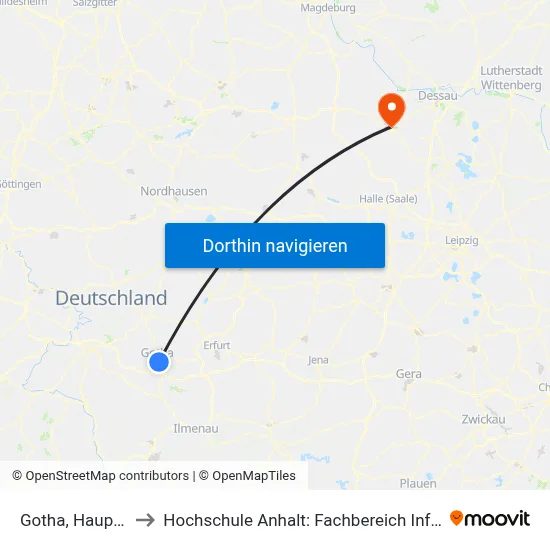 Gotha, Hauptbahnhof to Hochschule Anhalt: Fachbereich Informatik & Sprachen map
