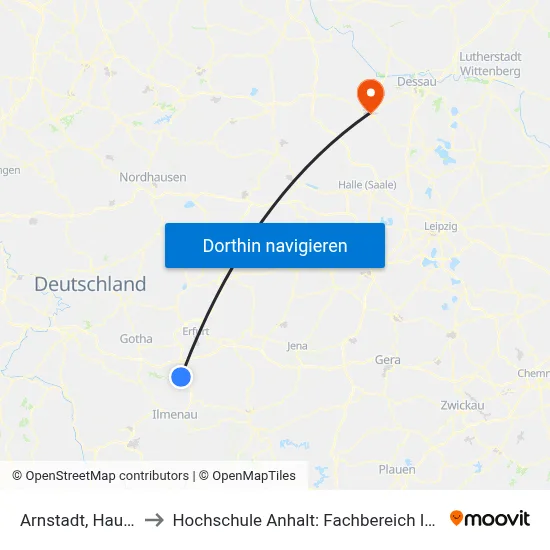 Arnstadt, Hauptbahnhof to Hochschule Anhalt: Fachbereich Informatik & Sprachen map