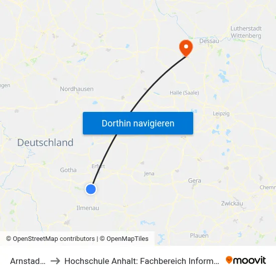 Arnstadt Hbf to Hochschule Anhalt: Fachbereich Informatik & Sprachen map