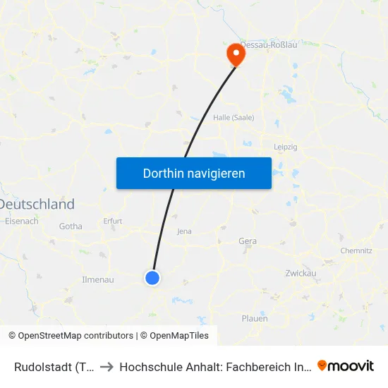 Rudolstadt (Thüringen) to Hochschule Anhalt: Fachbereich Informatik & Sprachen map