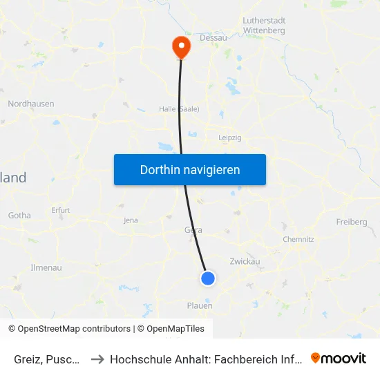 Greiz, Puschkinplatz to Hochschule Anhalt: Fachbereich Informatik & Sprachen map
