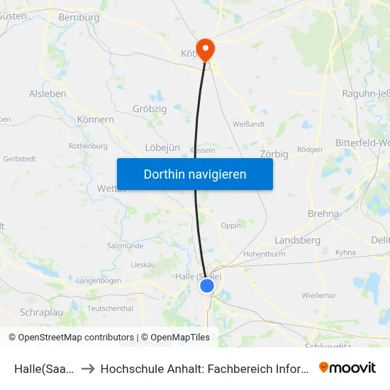 Halle(Saale)Hbf to Hochschule Anhalt: Fachbereich Informatik & Sprachen map