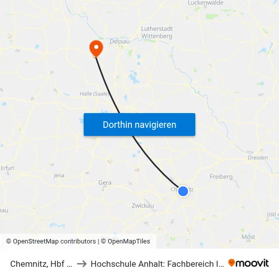 Chemnitz, Hbf Bahnhofstr to Hochschule Anhalt: Fachbereich Informatik & Sprachen map