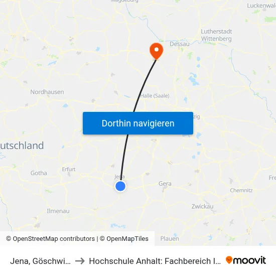 Jena, Göschwitz Bahnhof to Hochschule Anhalt: Fachbereich Informatik & Sprachen map