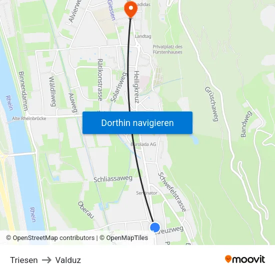 Triesen to Valduz map