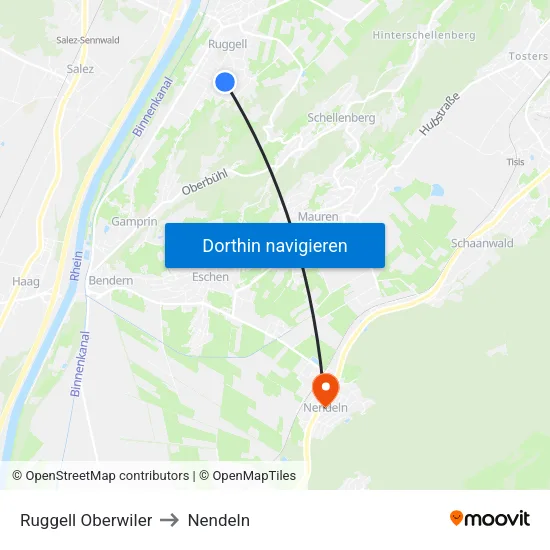 Ruggell Oberwiler to Nendeln map