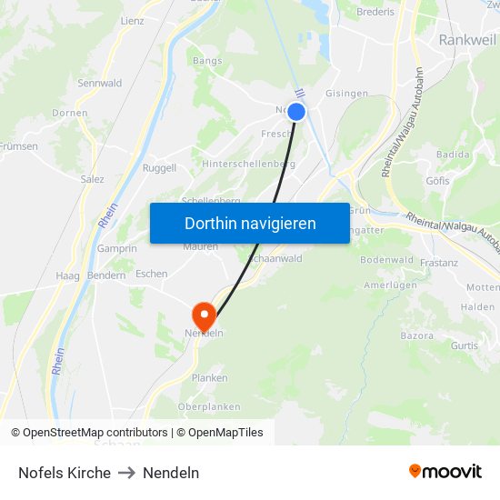 Nofels Kirche to Nendeln map