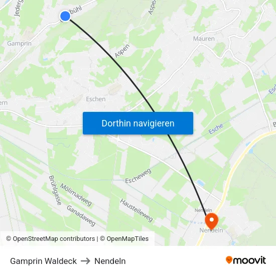 Gamprin Waldeck to Nendeln map