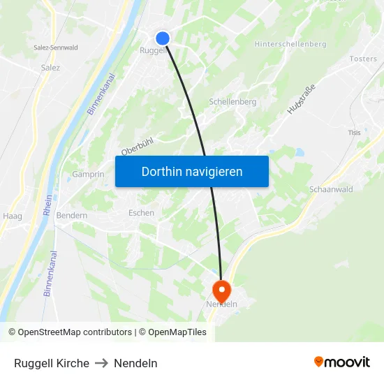 Ruggell Kirche to Nendeln map