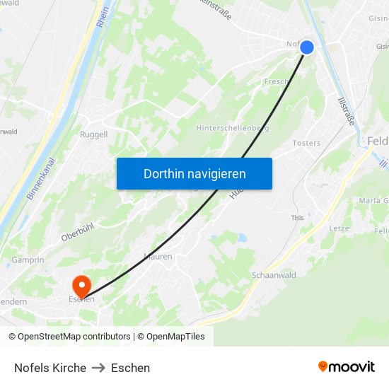 Nofels Kirche to Eschen map