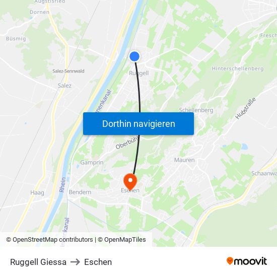 Ruggell Giessa to Eschen map