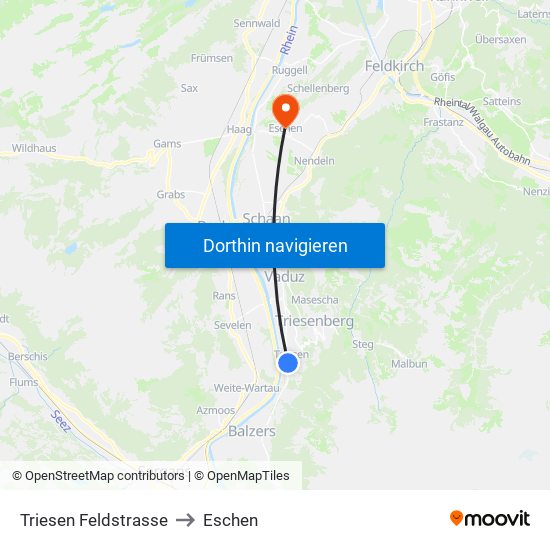 Triesen Feldstrasse to Eschen map