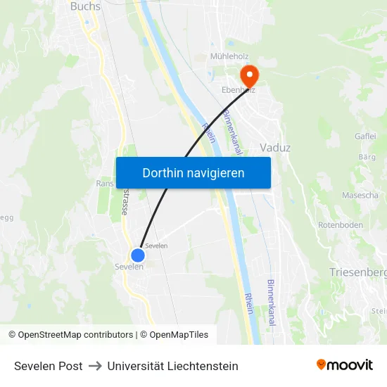 Sevelen Post to Universität Liechtenstein map