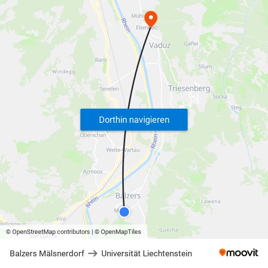 Balzers Mälsnerdorf to Universität Liechtenstein map