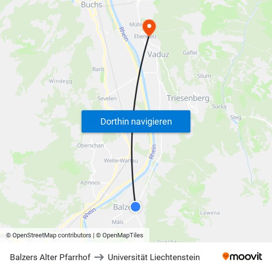 Balzers Alter Pfarrhof to Universität Liechtenstein map