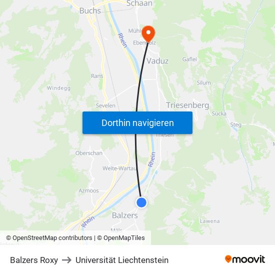 Balzers Roxy to Universität Liechtenstein map