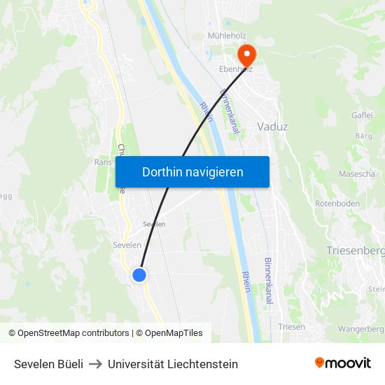 Sevelen Büeli to Universität Liechtenstein map