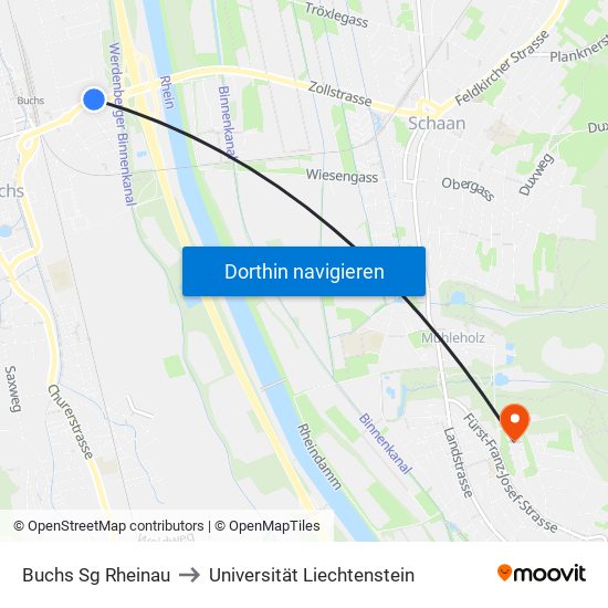 Buchs Sg Rheinau to Universität Liechtenstein map