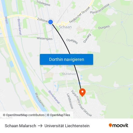 Schaan Malarsch to Universität Liechtenstein map