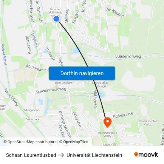 Schaan Laurentiusbad to Universität Liechtenstein map