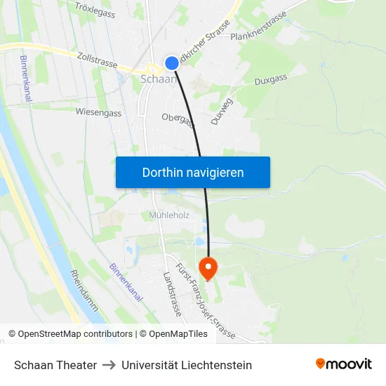 Schaan Theater to Universität Liechtenstein map