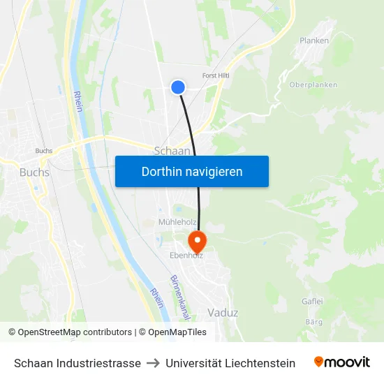 Schaan Industriestrasse to Universität Liechtenstein map