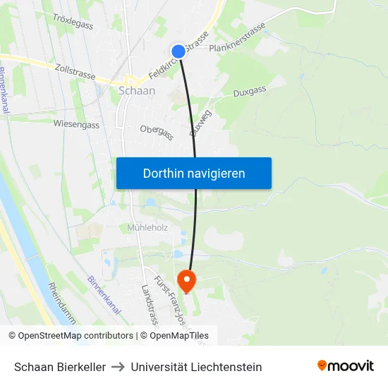 Schaan Bierkeller to Universität Liechtenstein map