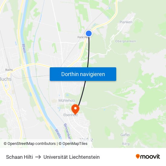 Schaan Hilti to Universität Liechtenstein map
