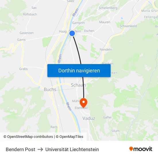 Bendern Post to Universität Liechtenstein map
