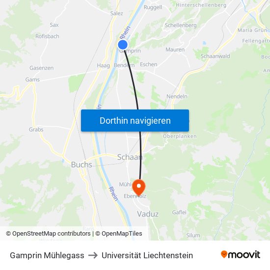 Gamprin Mühlegass to Universität Liechtenstein map